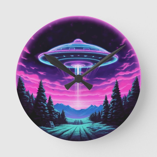 Alien Spaceship Retro Futuristic Round Clock (Front)