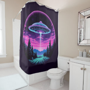 Alien Spaceship Retro Futuristic Shower Curtain