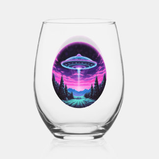 Alien Spaceship Retro Futuristic Stemless Wine Glass
