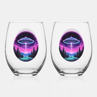 Alien Spaceship Retro Futuristic Stemless Wine Glass