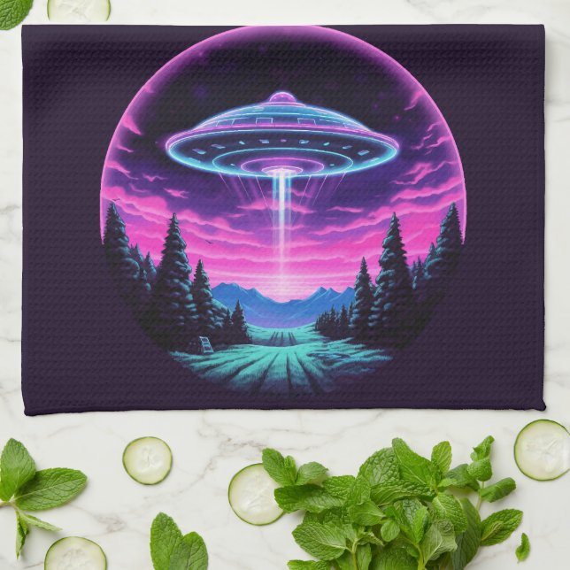 Alien Spaceship Retro Futuristic Tea Towel (Folded)