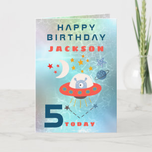 Alien Spaceship Space Teal 5th Birthday Card