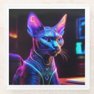 Alien Sphinx Cat Sits In his Captain's Chair Glass Coaster