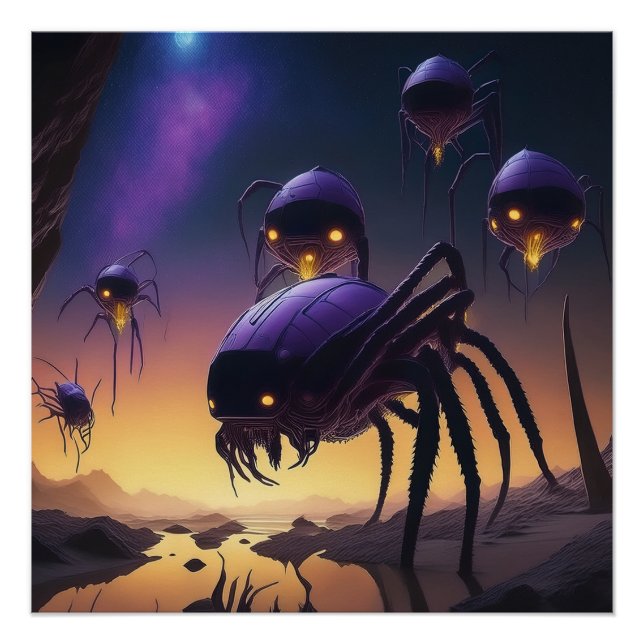 Alien Spiders Landing On Desolate Landcape Poster (Front)