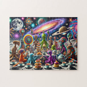 Alien Tea Party Whimsical Extraterrestrial Cosmic  Jigsaw Puzzle