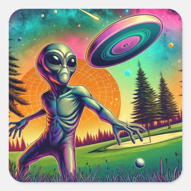 Alien Throwing Disc Golf Square Sticker (Front)
