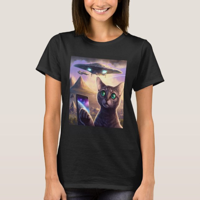Alien UFO  Cat Selfie Galaxy Cat T-Shirt (Front)