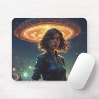 Alien UFO Encounter By Girl in Town Mouse Pad
