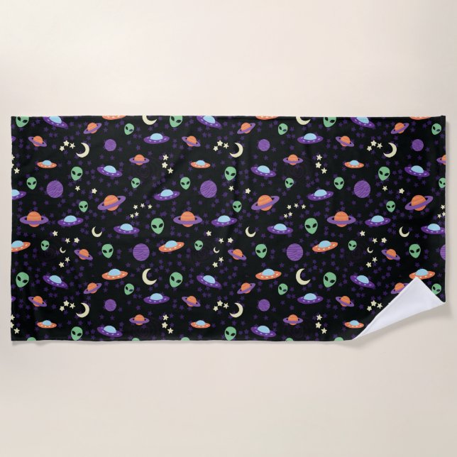 Alien UFO in Space Beach Towel (Front)