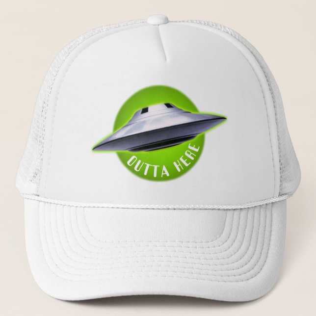 Alien UFO: "Outta Here" funny Trucker Hat (Front)