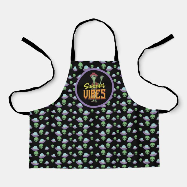 Alien UFO Summer Vibes Funny Chef's Gift Apron (Front)
