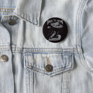 alien ufo surfing illustration with back to home 6 cm round badge