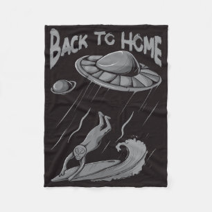 alien ufo surfing illustration with back to home   fleece blanket