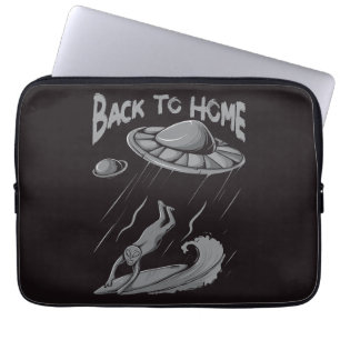 alien ufo surfing illustration with back to home laptop sleeve