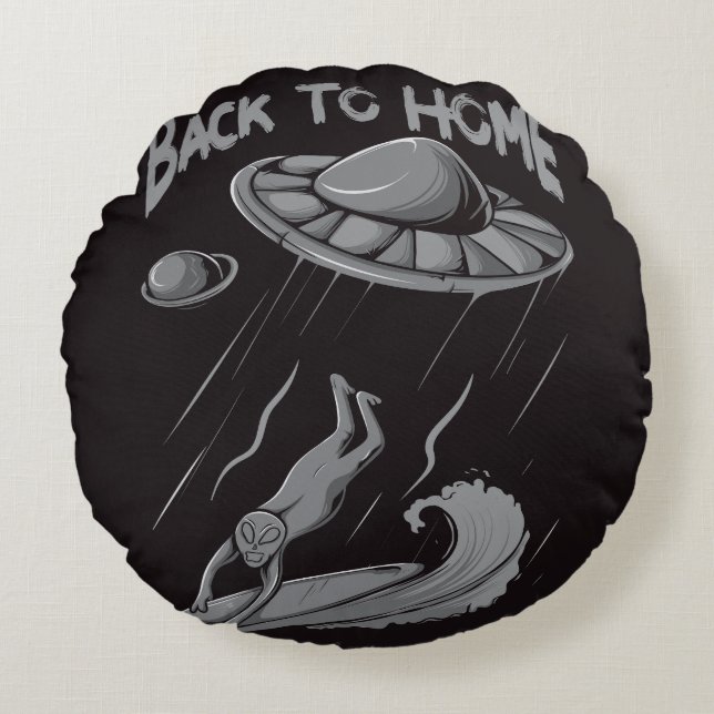 alien ufo surfing illustration with back to home  round cushion (Front)