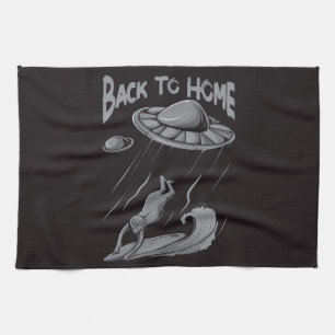 alien ufo surfing illustration with back to home tea towel