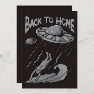 alien ufo surfing illustration with back to home  thank you card