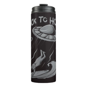 alien ufo surfing illustration with back to home thermal tumbler