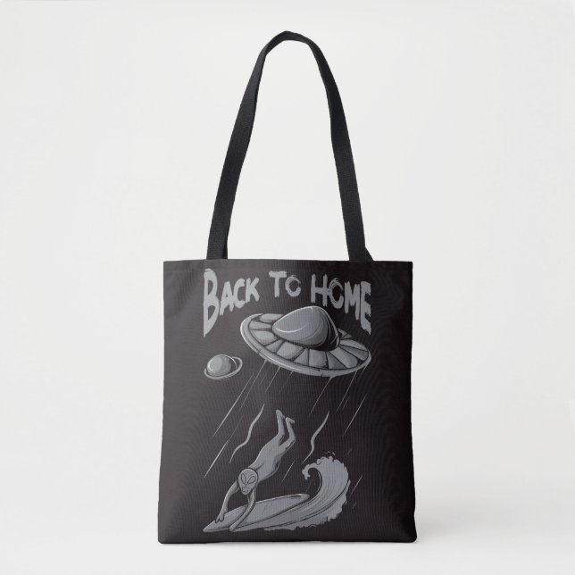 alien ufo surfing illustration with back to home   tote bag (Front)