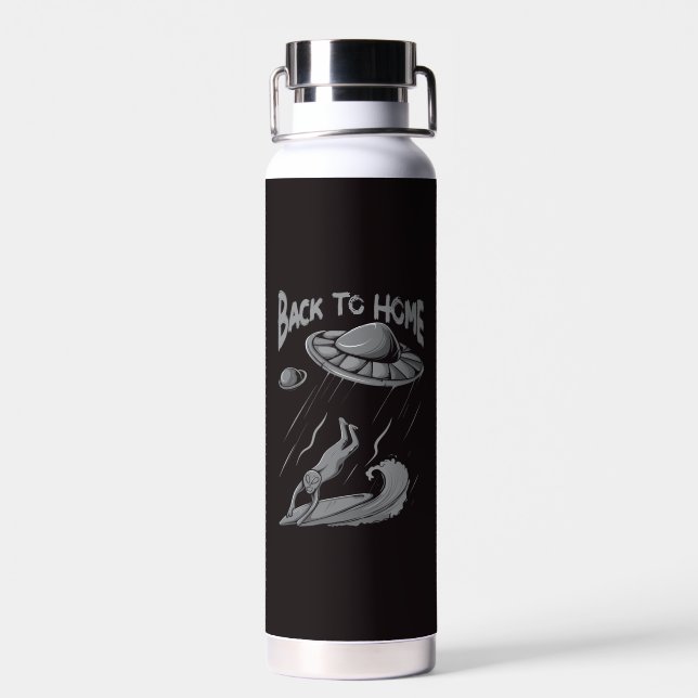 alien ufo surfing illustration with back to home  water bottle (Back)