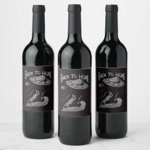 alien ufo surfing illustration with back to home wine label