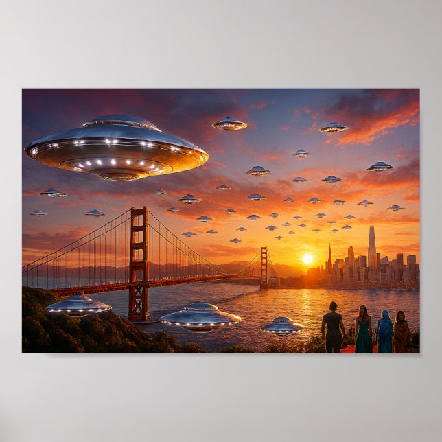 Alien UFOs SciFi Fantasy San Francisco Golden Gate Poster (Front)