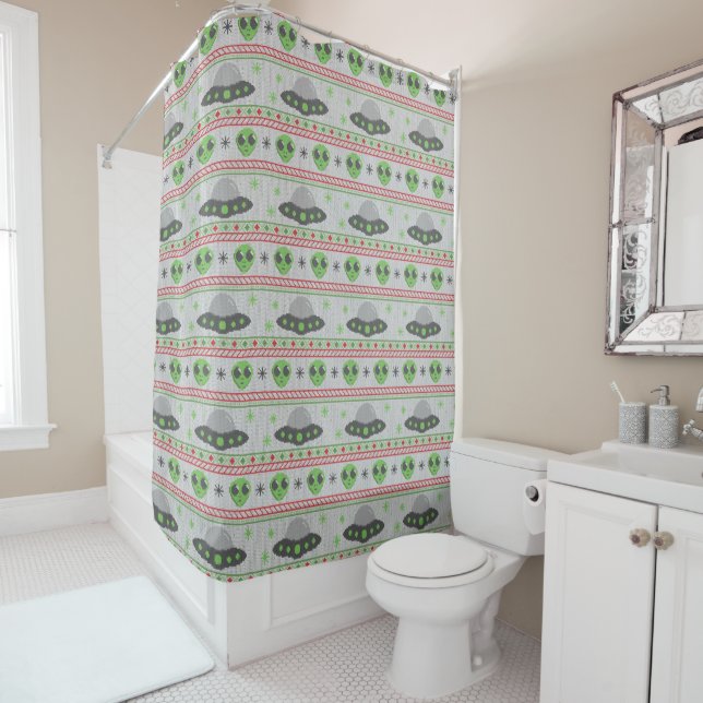 Alien Ugly Christmas Sweater Shower Curtain (In Situ)