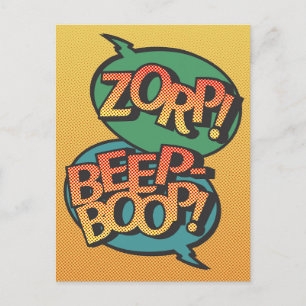 Alien vs robot pop art retro holiday postcard
