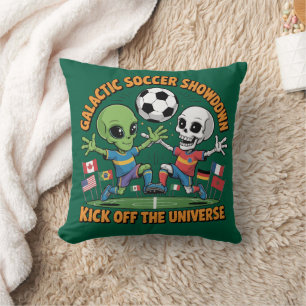 Alien vs Skeleton Galactic Soccer Showdown Funny Cushion