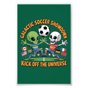 Alien vs Skeleton Galactic Soccer Showdown Funny Photo Print