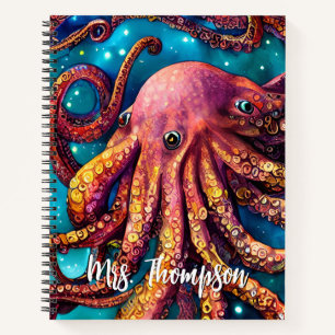 Alien Watercolor Octopus with Personalised Name Notebook