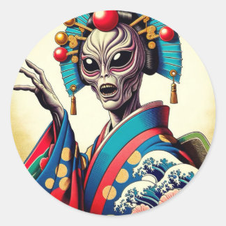 Alien wearing a Japanese kimono　シール Classic Round Sticker