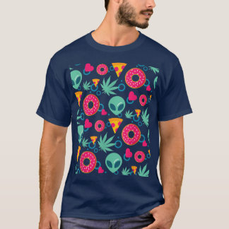 Alien Weed Pizza Doughnut Food Heart Pattern Cool  T-Shirt