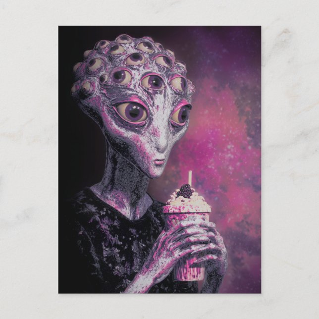 Alien With Many Eyes and a Milkshake Postcard (Front)