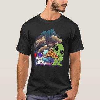 Alien with Pizza in Cosmic Landscape T-Shirt