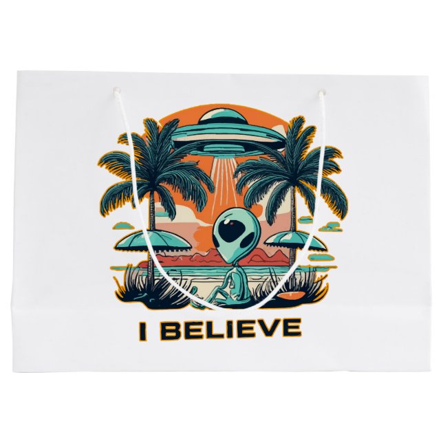 alien with UFO I BELIEVE Large Gift Bag (Back)