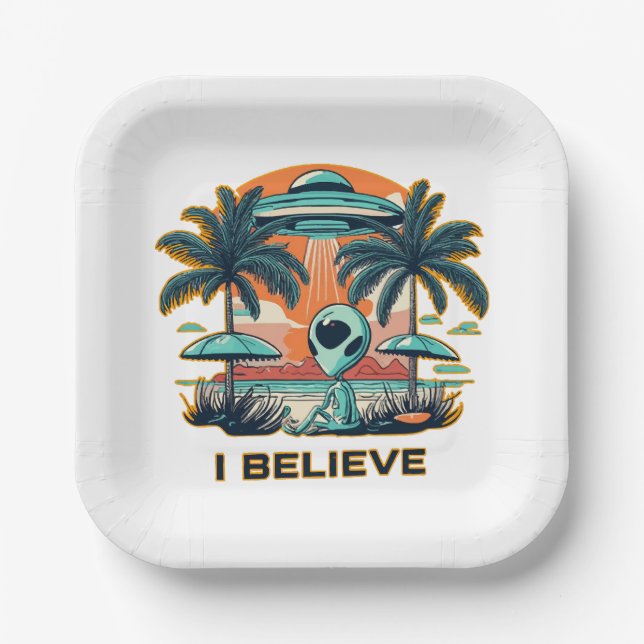alien with UFO I BELIEVE Paper Plate (Front)