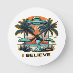 alien with UFO I BELIEVE Round Clock