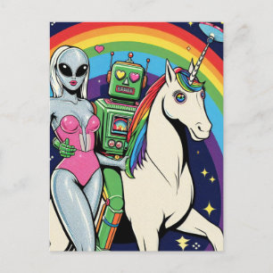 Alien Woman and Green Robot in Love With Unicorn Postcard