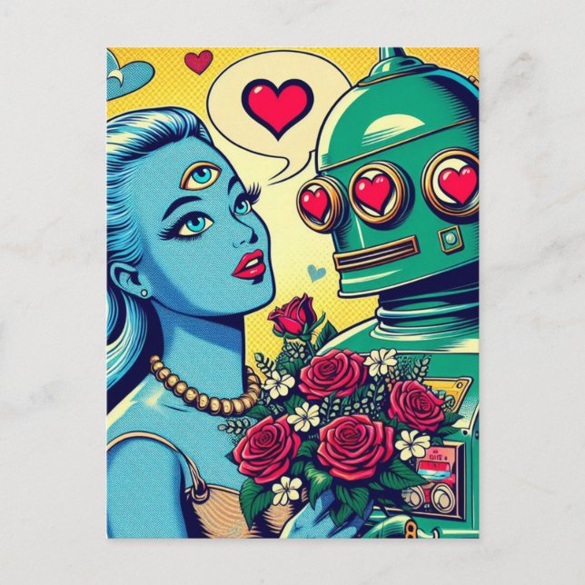 Alien Woman and Robot in Love Retro Comic Postcard (Front)