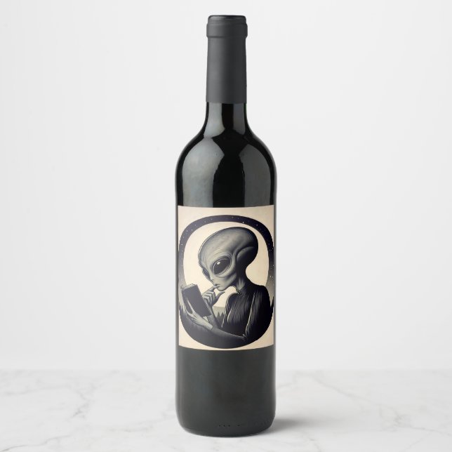 Alien Woman Reading Book Vintage Art Wine Label (Front)