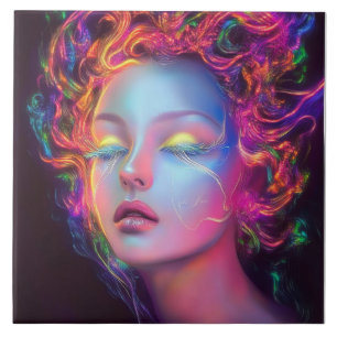 Alien Woman with Cosmic Hair Ceramic Tile