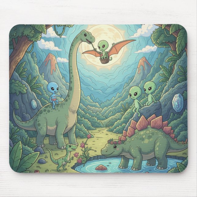 Aliens and Dinosaurs in Prehistoric Paradise Mouse Pad (Front)
