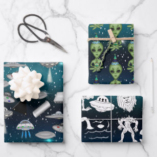 Aliens and UFOs Outer Space Birthday Wrapping Paper Sheet