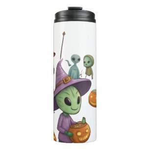 Aliens Celebrate Halloween on Earth – Cosmic Costu Thermal Tumbler