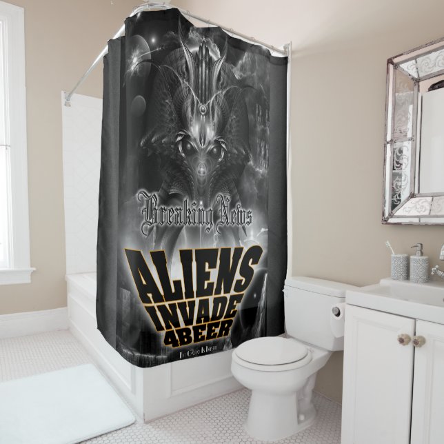 Aliens Invade 4 Beer Galaxy Attack Shower Curtain (In Situ)