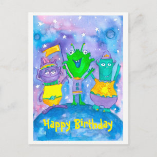 Aliens Outer Space Happy Birthday Postcard