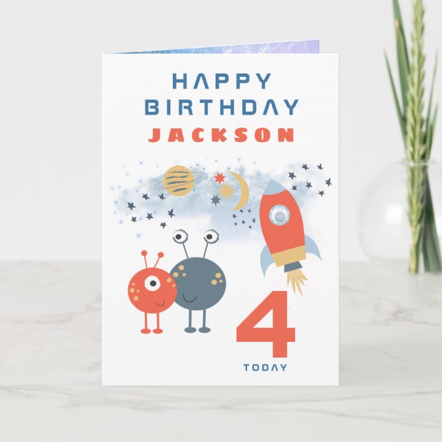 Aliens Spaceship Age 4 Birthday Space White Card (Front)
