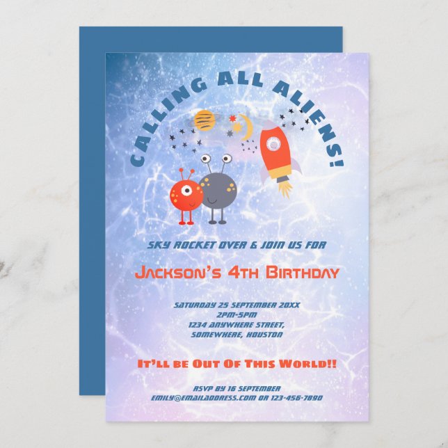 Aliens Spaceship Boy Blue Lilac 4th Birthday party Invitation (Front/Back)