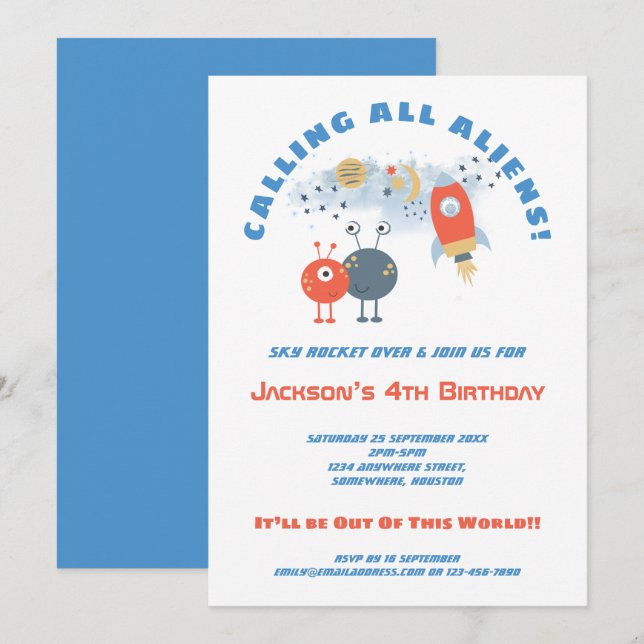 Aliens Spaceship Cartoon Boy 4th Birthday party Invitation (Front/Back)